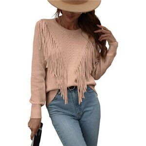 Women's Casual Crewneck Fringe Tassel Knitted Pullover Sweater Jumper Tops